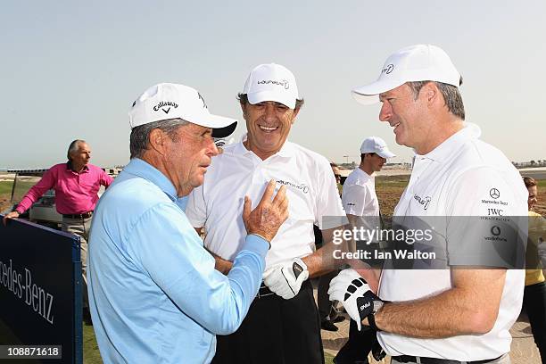 Academy Members Gary Player and Steve Waugh with Nathan Selwyn in action during the Laureus Golf Challenge at the Saadiyat Beach Golf Club part of...