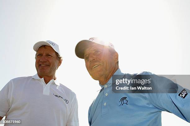 Stefan Bloecher and Academy Member Gary Player in action during the Laureus Golf Challenge at the Saadiyat Beach Golf Club part of the 2011 Laureus...