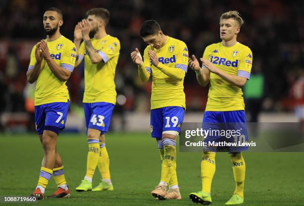 Leeds United players thank the travelling supporters after the Sky Bet Championship match between Nottingham Forest and Leeds United at City Ground...