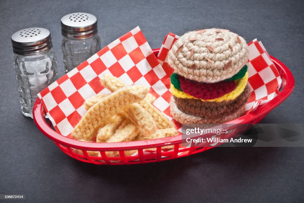 Slider cheeseburger and fries, crocheted