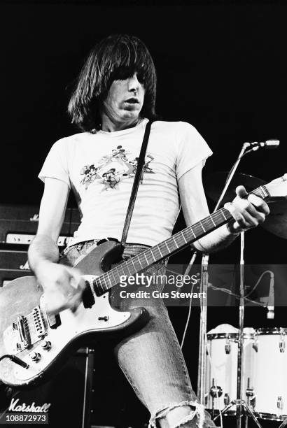 Johnny Ramone performs on stage with The Ramones at The Roundhouse in London on 4th July 1976.