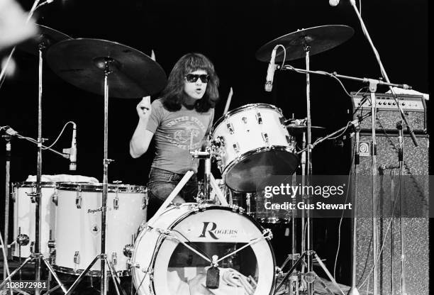 Tommy Ramone performs on stage with The Ramones at The Roundhouse in London on 4th July 1976.