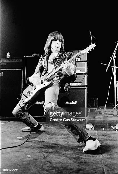 Johnny Ramone performs on stage with The Ramones at The Roundhouse in London on 4th July 1976.