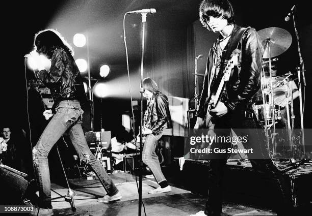 Joey Ramone , Johnny Ramone and Dee Dee Ramone performs on stage with The Ramones at The Roundhouse in London on 4th July 1976.