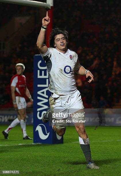 England captain Alex Gray celebrates his try during the Under 20 International between Wales U20 and England U20 at Parc y Scarlets on February 5,...