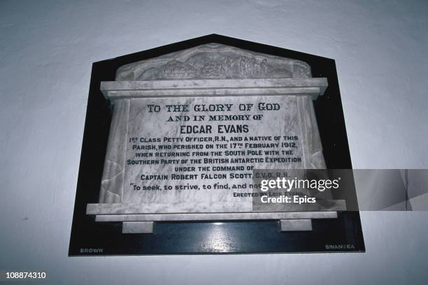 Memorial to explorer Edgar Evans in the Norman church dedicated to St Mary the Virgin, Rhossili, June 1997. Petty officer Evans was the first to...