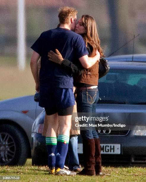 Prince William kisses Kate Middleton, after playing the Field Game in an old boys match at Eton College on March 18, 2006 in Eton, England.