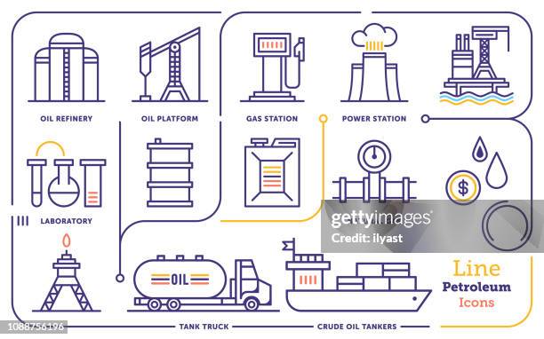 oil & gas production vector line icon set - oil pipeline truck stock illustrations