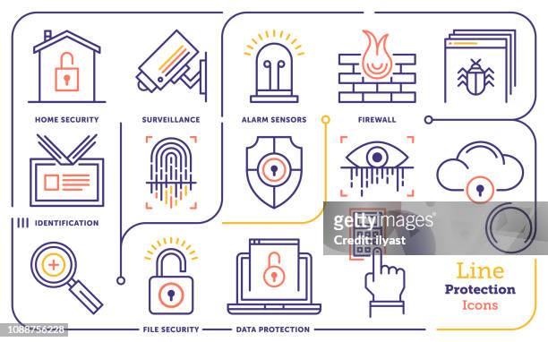 security & protection systems vector line icon set - business security camera stock illustrations