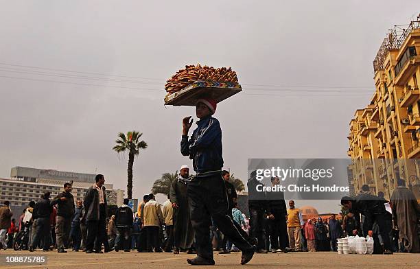 Boy carries a platter of bread for sale in Tahrir Square February 7, 2011 in Cairo, Egypt. An uneasy stand-off between anti- and pro-government...