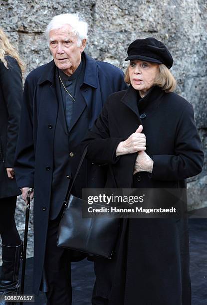 Joachim Fuchsberger and his wife Gundel attend the memorial service for Bernd Eichinger at the St. Michael Kirche on February 07, 2011 in Munich,...