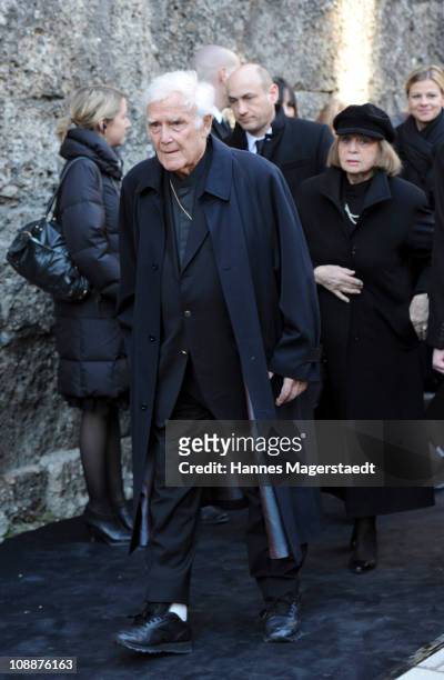 Joachim Fuchsberger and his wife Gundel attend the memorial service for Bernd Eichinger at the St. Michael Kirche on February 07, 2011 in Munich,...