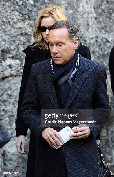Nico Hofmann and Veronica Ferres attend the memorial service for Bernd Eichinger at the St. Michael Kirche on February 07, 2011 in Munich, Germany....
