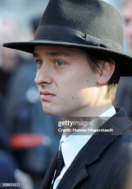 Tom Schilling attends the memorial service for Bernd Eichinger at the St. Michael Kirche on February 07, 2011 in Munich, Germany. Producer Bernd...