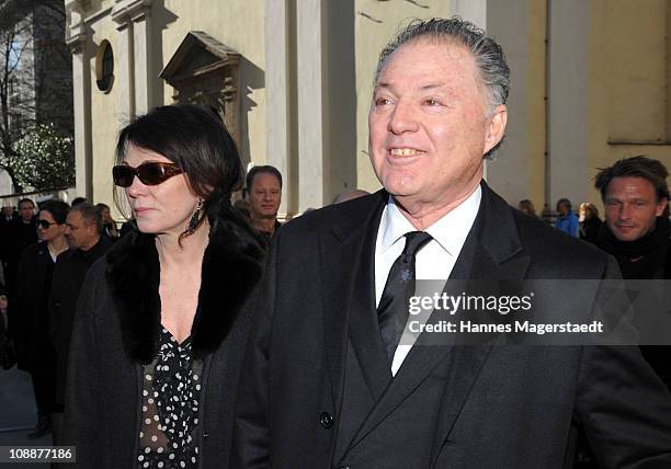 Gabriel Levy and Iris Berben attend the memorial service for Bernd Eichinger at the St. Michael Kirche on February 07, 2011 in Munich, Germany....