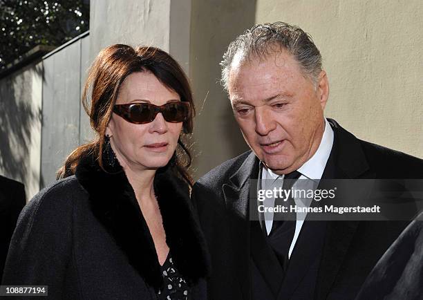 Gabriel Levy and Iris Berben attend the memorial service for Bernd Eichinger at the St. Michael Kirche on February 07, 2011 in Munich, Germany....