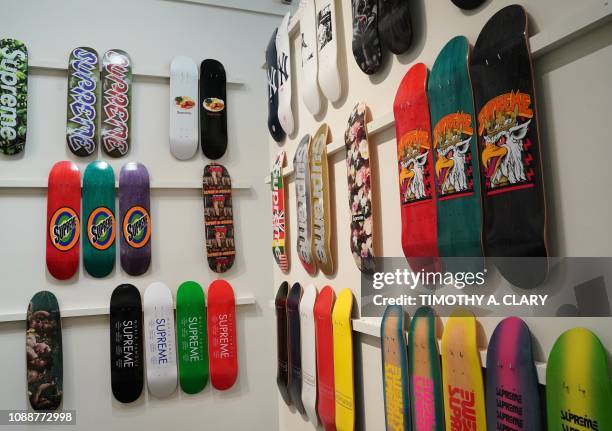 Sothebys New York displayed the only privately owned collection of every Supreme skate deck ever manufactured for the online-only sale 20 Years of...