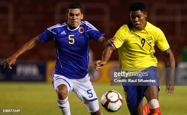 Juan Saiz player from Colombia, fights for the ball with Marlon de Jesus , Ecuador player during the match between national teams of Colombia and...