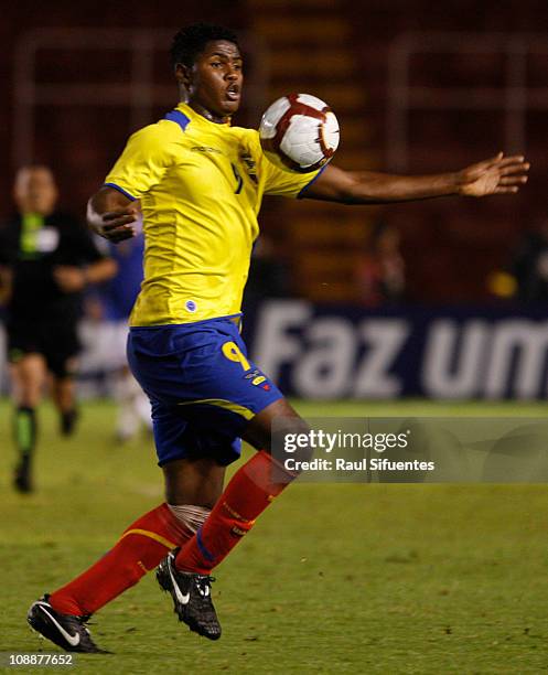 Jesus Cobs, Ecuador player controls the ball during the match between national teams of Colombia and Ecuador as part of the South American...