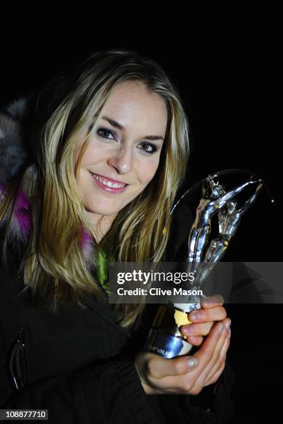 Skier Lindsey Vonn of the United States poses with her award for the "Laureus World Sportswoman of the Year" during the 2011 Laureus World Sports...