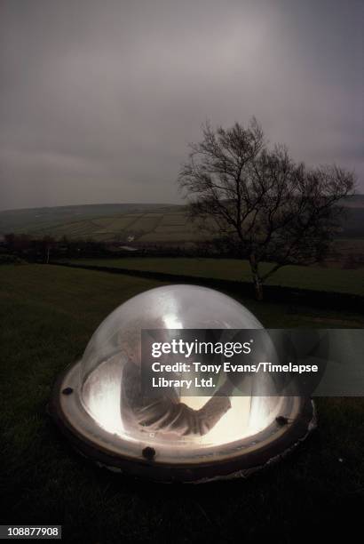 Pioneering British architect Arthur Quarmby, underground in his subterranean home near Huddersfield, 1981.