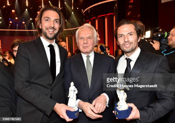 Max Wiedemann, Jan Mojto and Quirin Berg attend the Bayerischer Filmpreis 2018 at Prinzregententheater on January 25, 2019 in Munich, Germany.