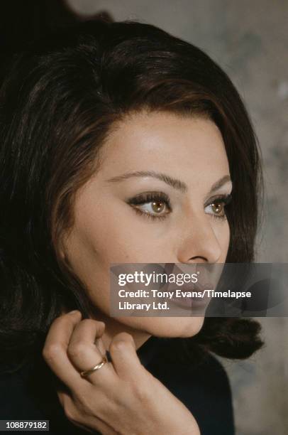 Close-up of Italian actress Sophia Loren, on set of 'Operation Crossbow', 1965.