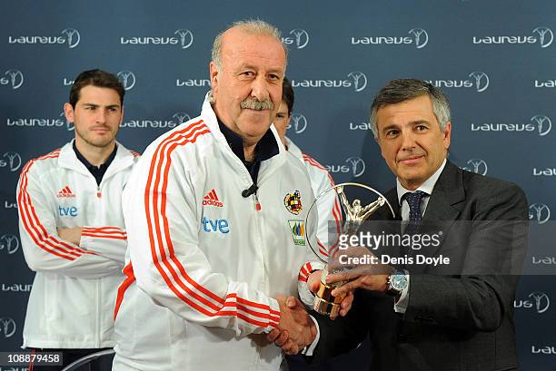 Head coach of the Spanish team Vicente del Bosque receives the Laureus Team award from the president of Laureus Foundation Spain, Juan Antonio...