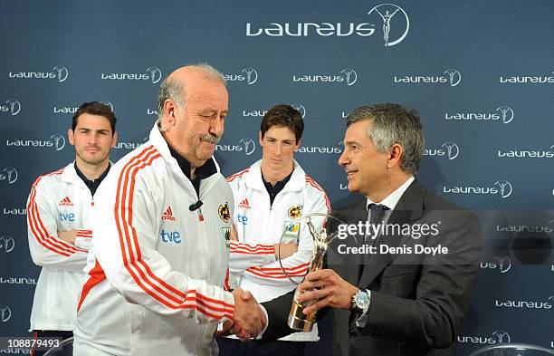 Head coach of the Spanish team Vicente del Bosque receives the Laureus Team award from the president of Laureus Foundation Spain, Juan Antonio...