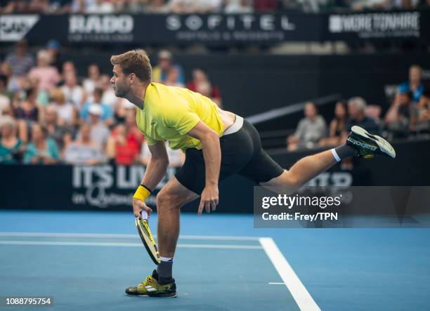 Ryan Harrison of the United States in action against Nick Kyrgios of Australia during day three of the 2019 Brisbane International at Pat Rafter...