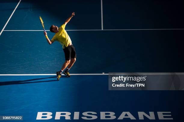 Ryan Harrison of the United States in action against Nick Kyrgios of Australia during day three of the 2019 Brisbane International at Pat Rafter...