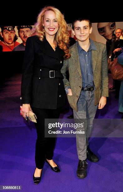 Jerry Hall and son Gabriel Jagger attend the world premiere of "Paul" at The Empire Cinema on February 7, 2011 in London, England.