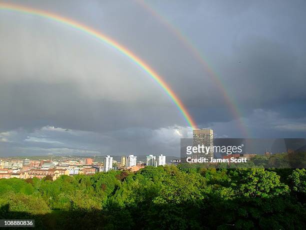 a double rainbow over sheffield, united kingdom - sheffield united fotografías e imágenes de stock