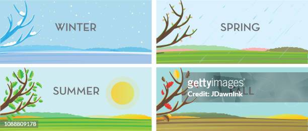 ilustrações, clipart, desenhos animados e ícones de conjunto de quatro estações de origens de paisagem - primavera estação do ano