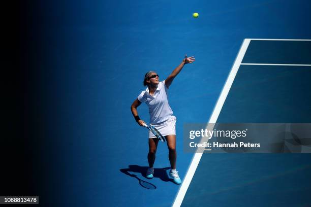 Kirsten Flipkens of Belgium serves during her second round match against Sara Sorribes Tormo of Spain at the ASB Classic on January 02, 2019 in...