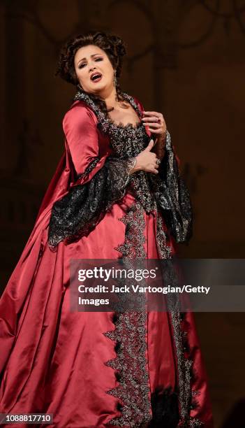 Russian soprano Anna Netrebko performs at the final dress rehearsal prior to the premiere of the Metropolitan Opera/Sir David McVicar production of...
