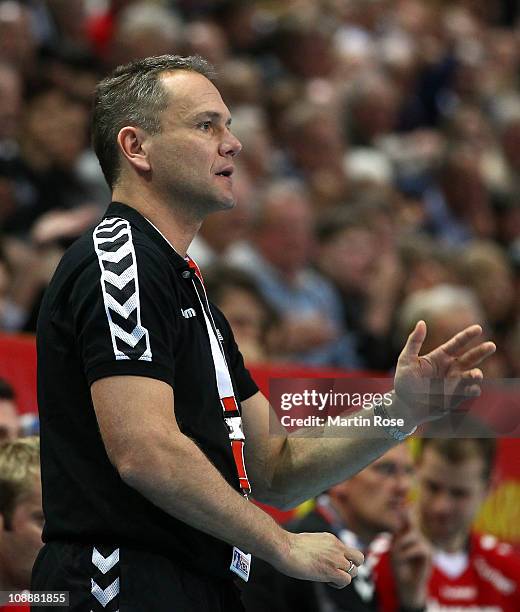 Kay Rothenpieler, head coach of Ahlen reacts during the Toyota Handball Bundesliga match between THW Kiel and HSG Ahlen at the Sparkassen Arena on...