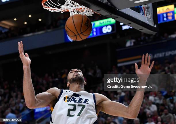 Rudy Gobert of the Utah Jazz scores in the second half of a NBA game against the Minnesota Timberwolves at Vivint Smart Home Arena on January 25,...