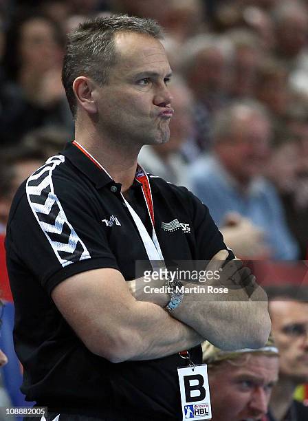 Kay Rothenpieler, head coach of Ahlen reacts during the Toyota Handball Bundesliga match between THW Kiel and HSG Ahlen at the Sparkassen Arena on...