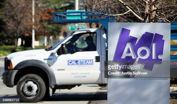 The AOL logo is posted on a sign in front of the AOL Inc. Offices on February 7, 2011 in Palo Alto, California. Online company AOL Inc. Announced...