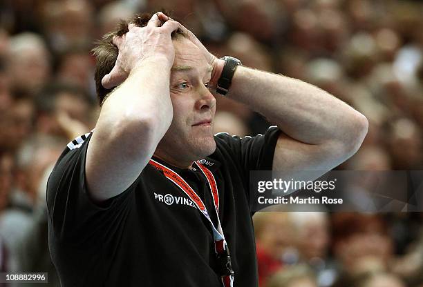 Alfred Gislason, head coach of Kiel reacts during the Toyota Handball Bundesliga match between THW Kiel and HSG Ahlen at the Sparkassen Arena on...