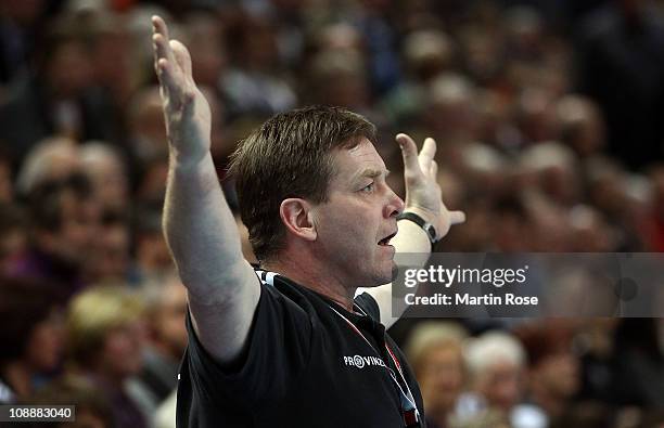 Alfred Gislason, head coach of Kiel reacts during the Toyota Handball Bundesliga match between THW Kiel and HSG Ahlen at the Sparkassen Arena on...