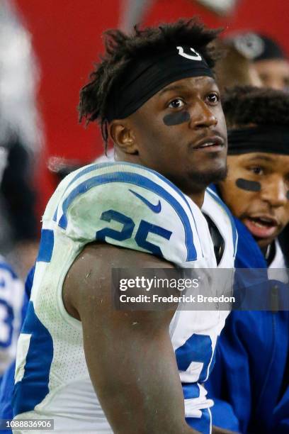 Marlon Mack of the Indianapolis Colts watches from the sideline during a game against the Tennessee Titans at Nissan Stadium on December 30, 2018 in...