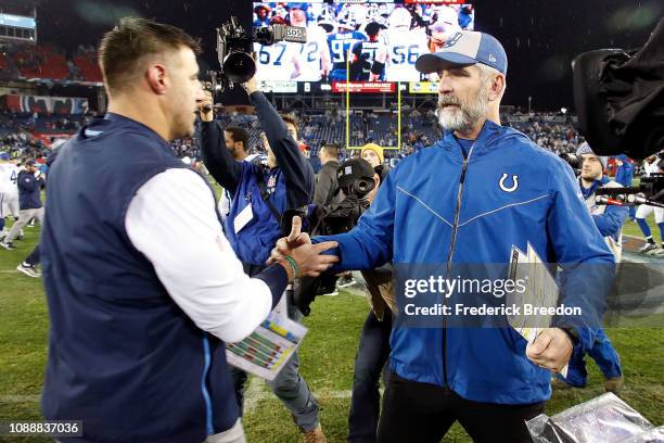 Head coach Mike Vrabel of the Tennessee Titans shakes hands with head coach Frank Reich of the Indianapolis Colts after a game at Nissan Stadium on...