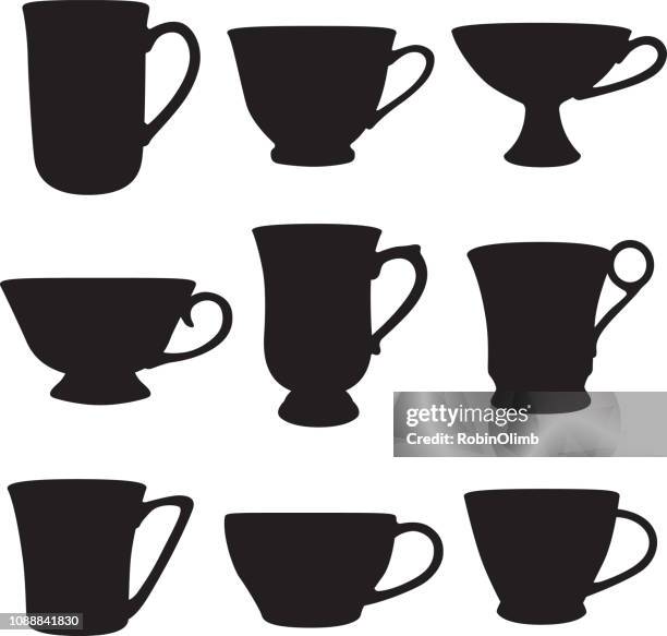 nine teacups silhouettes - tea cup stock illustrations