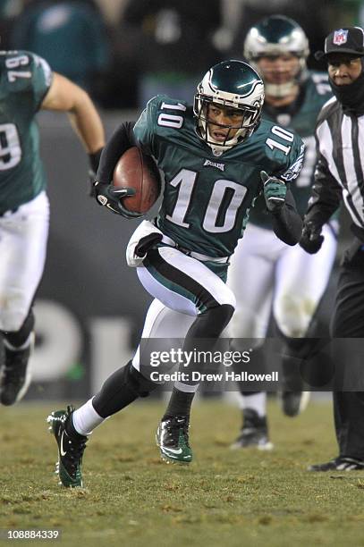 Wide Receiver DeSean Jackson of the Philadelphia Eagles in action during their 2011 NFC wild card playoff game against the Green Bay Packers at...