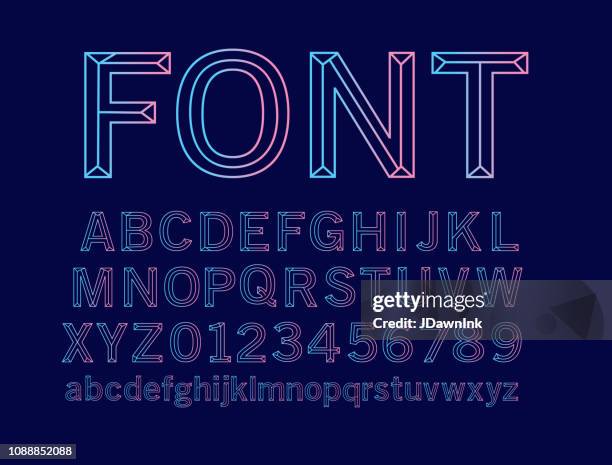 wireframe outline bevelled 3d alphabet design set - three dimensional type stock illustrations