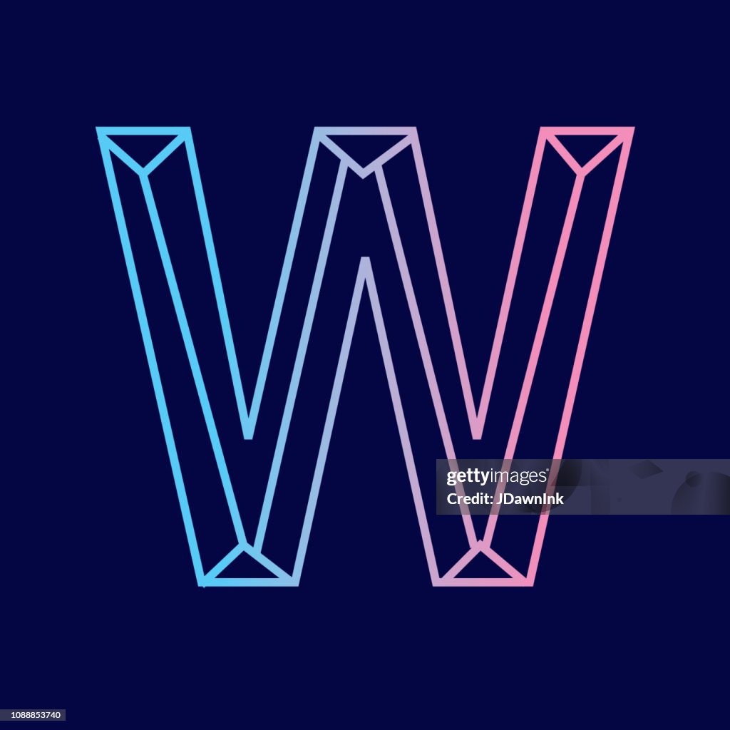 Wireframe Letter W outline bevelled 3D alphabet design