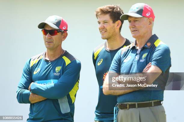 Justin Langer, coach of Australia, Tim Paine of Australia and Australian Selector Greg Chappell look on during an Australian nets session at the...