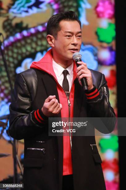 Actor Louis Koo Tin-lok is seen onstage during the 2018 Ultimate Song Chart Awards Presentation at Hong Kong Convention and Exhibition Centre on...